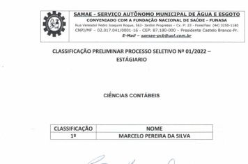 CLASSIFICAÇÃO PRELIMINAR PROCESSO SELETIVO Nº01/2022