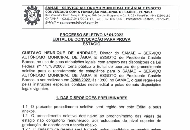 EDITAL DE CONVOCAÇÃO ESTÁGIO